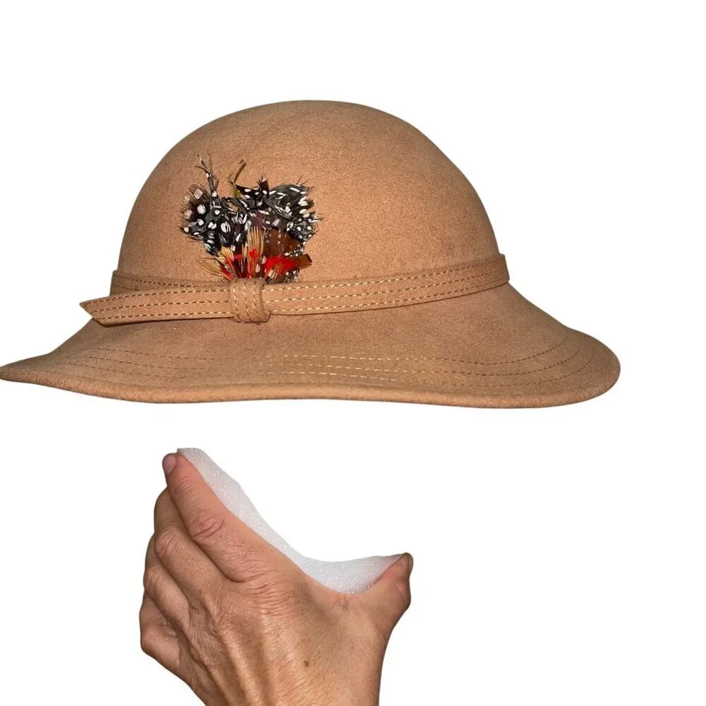 Adolfo II Vintage Womens Hat 21 Inch Tan Cloche Feathers Inside Circumference